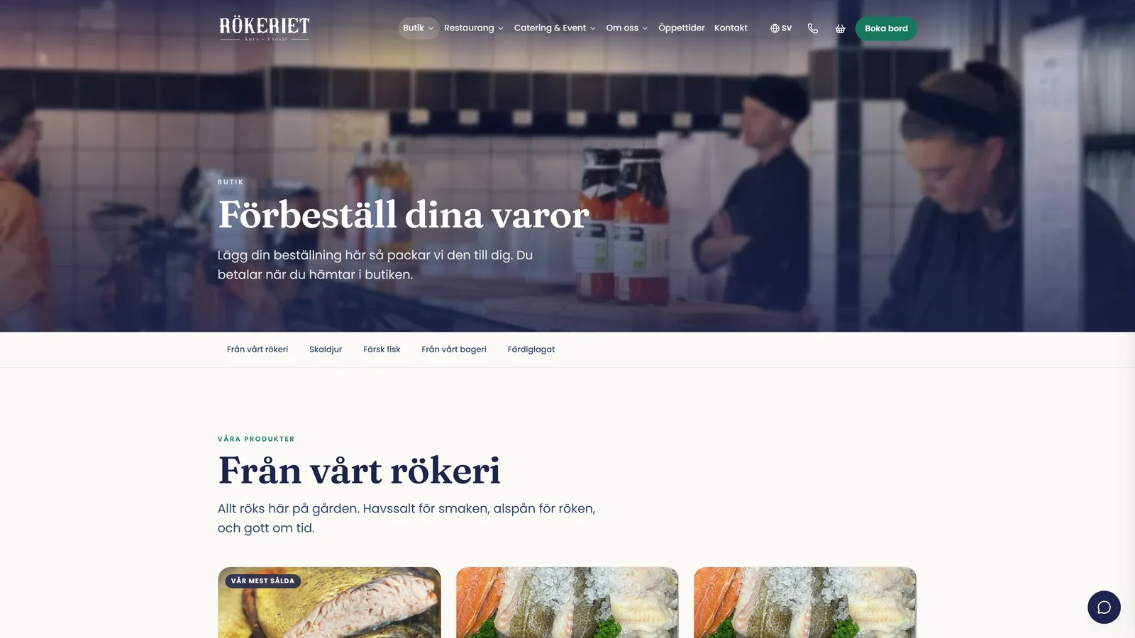 Butiken på rokeriet.se: "Förbeställ dina varor" med produktkort för varmrökt lax