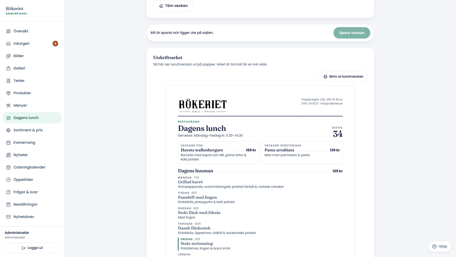 Förhandsvisning av lunchveckan som A4-ark i panelen, med rökeriets logotyp och veckans rätter