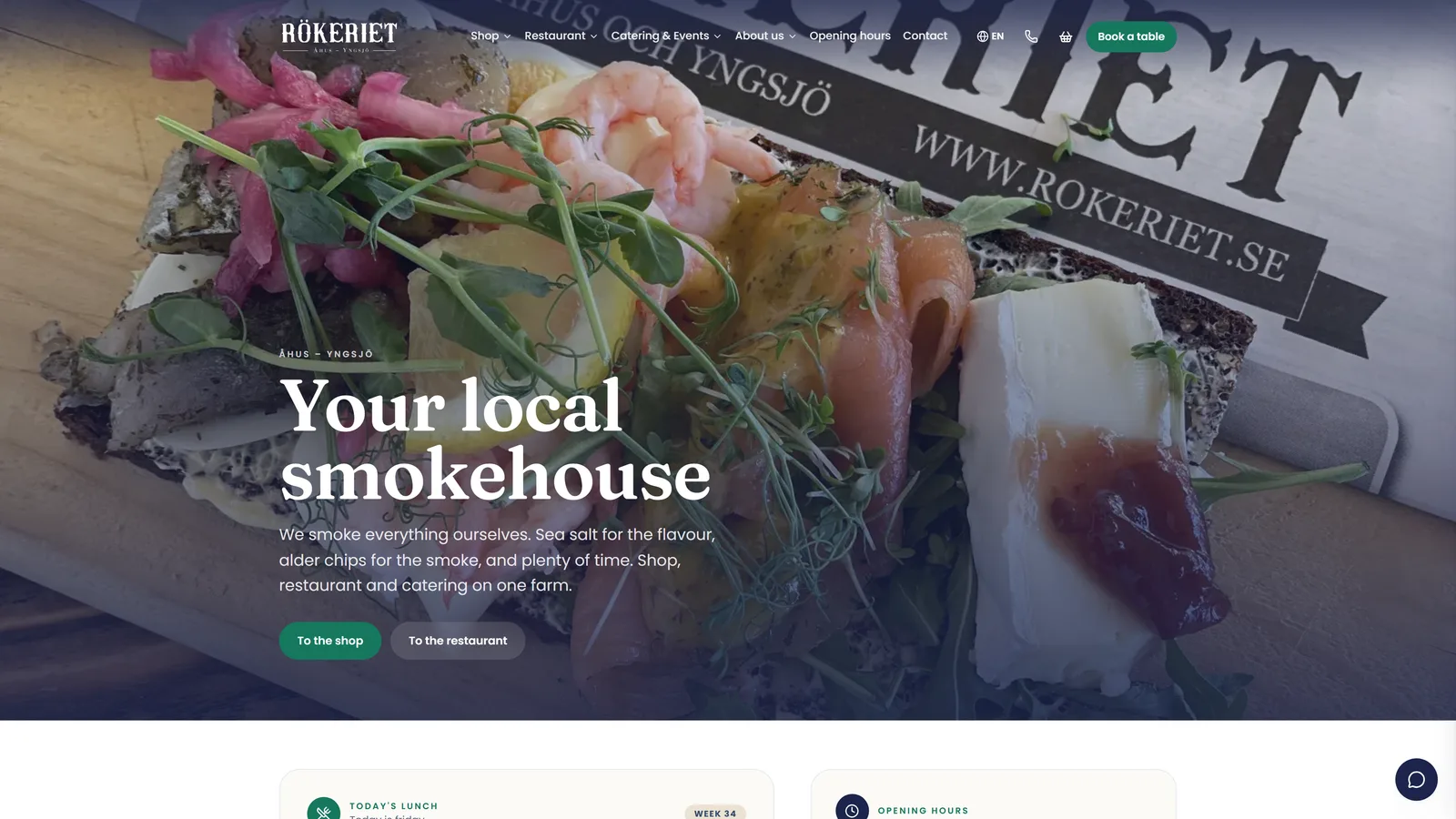 Startsidan på rokeriet.se på engelska: "Your local smokehouse"